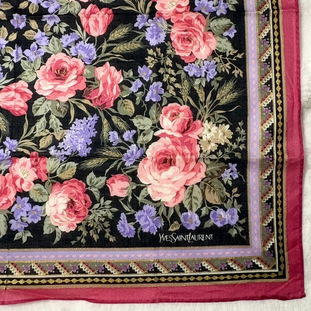Vtg YVES SAINT LAURENT Scarf Handkerchief Floral Black Pink 19